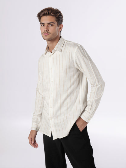 Celio* Men Off White Striped Regular Fit Cotton Shirts