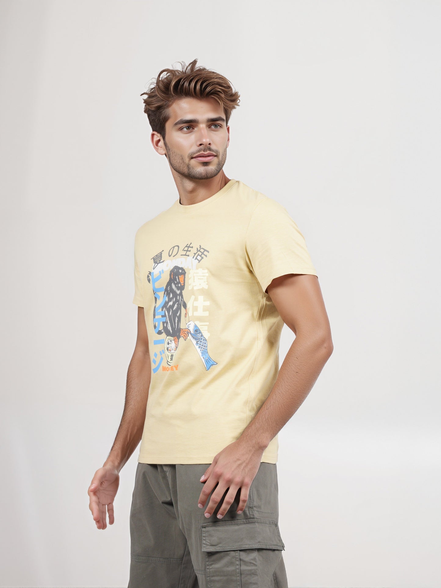 Celio* Men Mustard Printed Straight Fit Cotton T-shirt