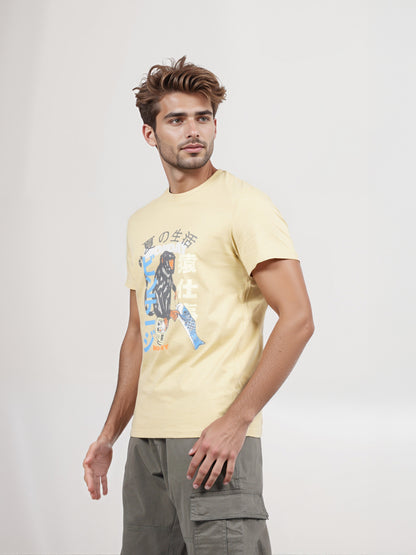 Celio* Men Mustard Printed Straight Fit Cotton T-shirt