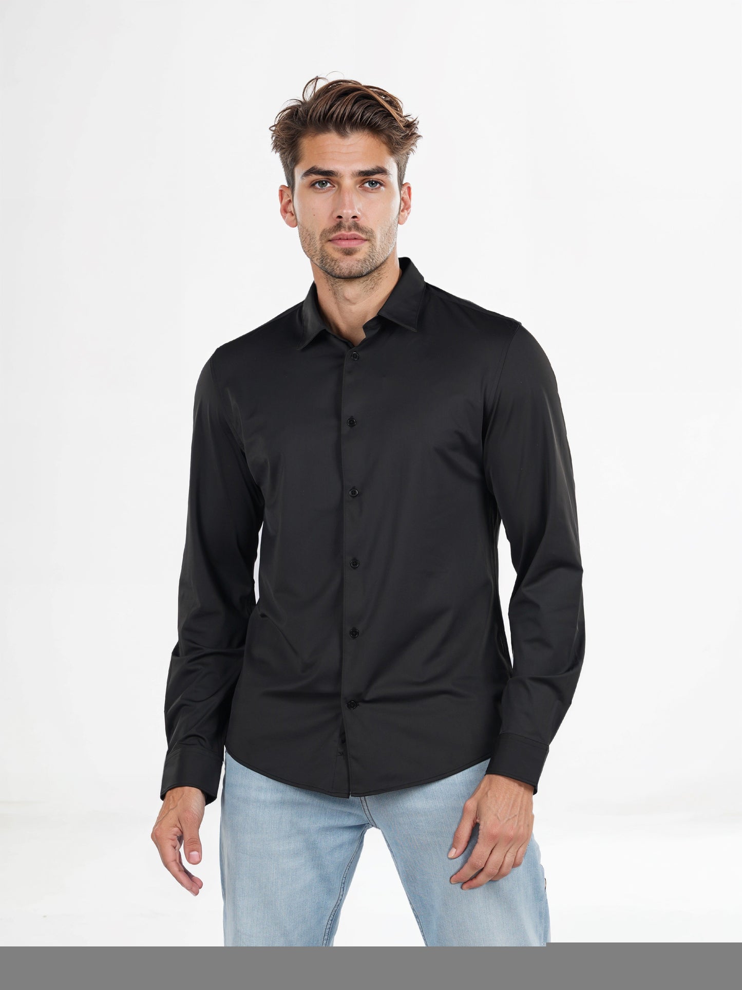 Celio* Solid Slim Fit Polyester-Blend Black Shirts