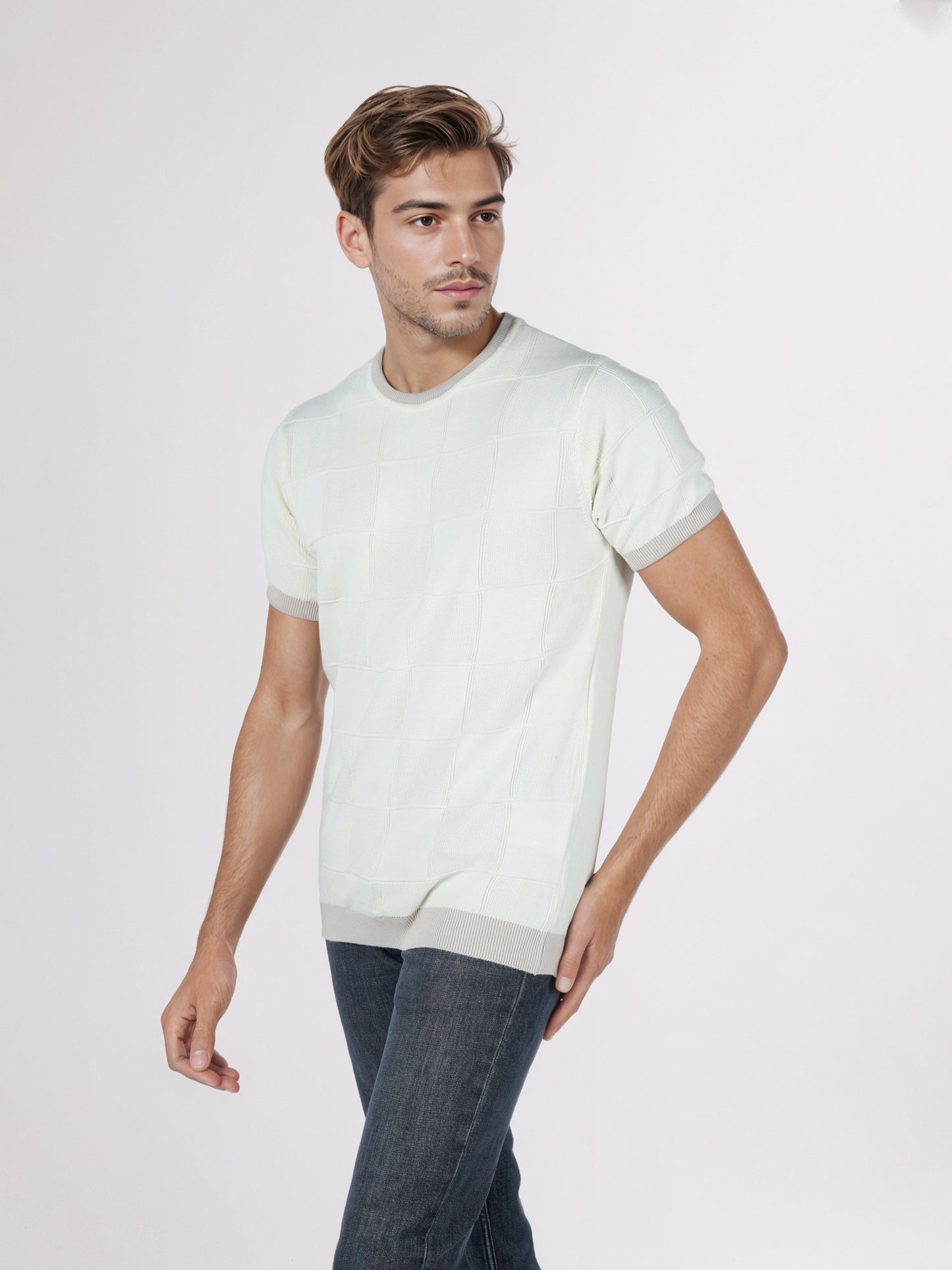 Celio* Men Cream Checked Regular Fit Cotton T-Shirts
