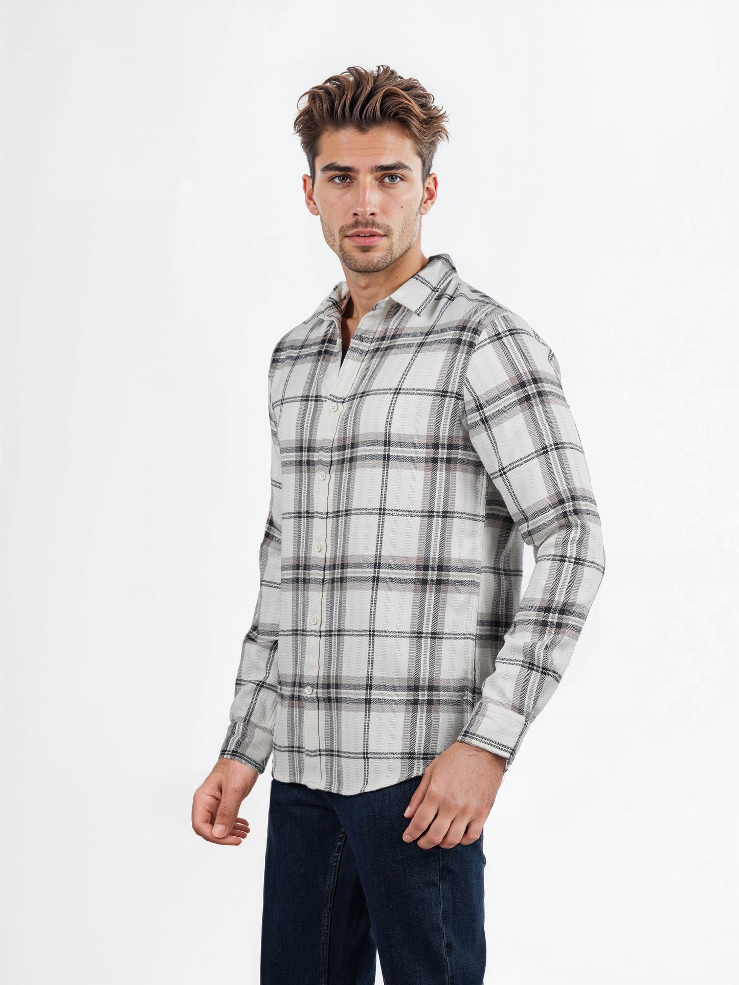 Celio* Checked Regular Fit Poly-Cotton Off White Shirts