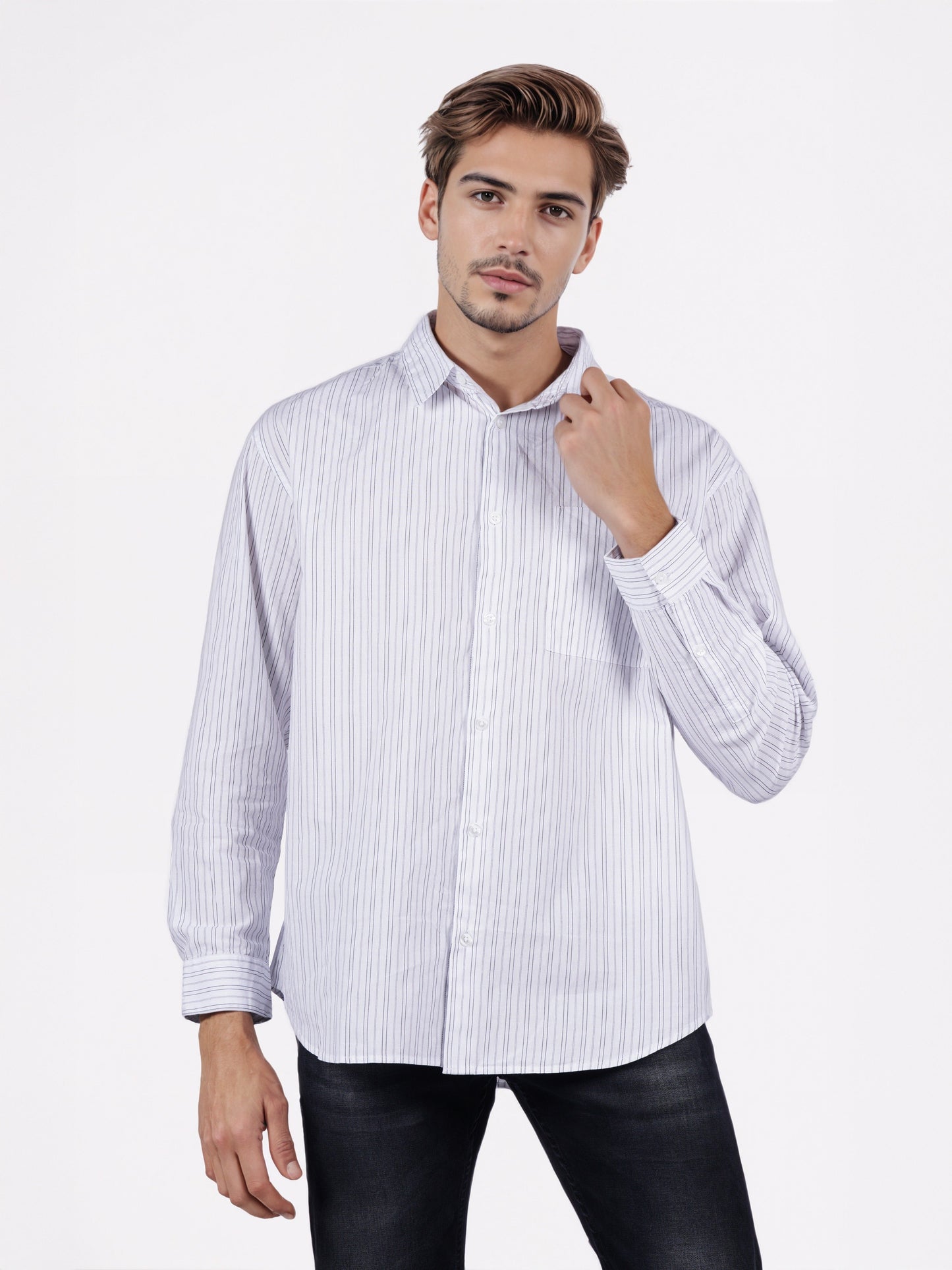 Celio* Men White Striped Overshirt Cotton Shirts
