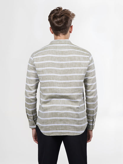 Celio* Men Green Striped Slim Fit Cotton Shirt