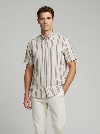 Celio* Men Beige Striped Regular Fit Cotton-Viscose-Blend Shirts