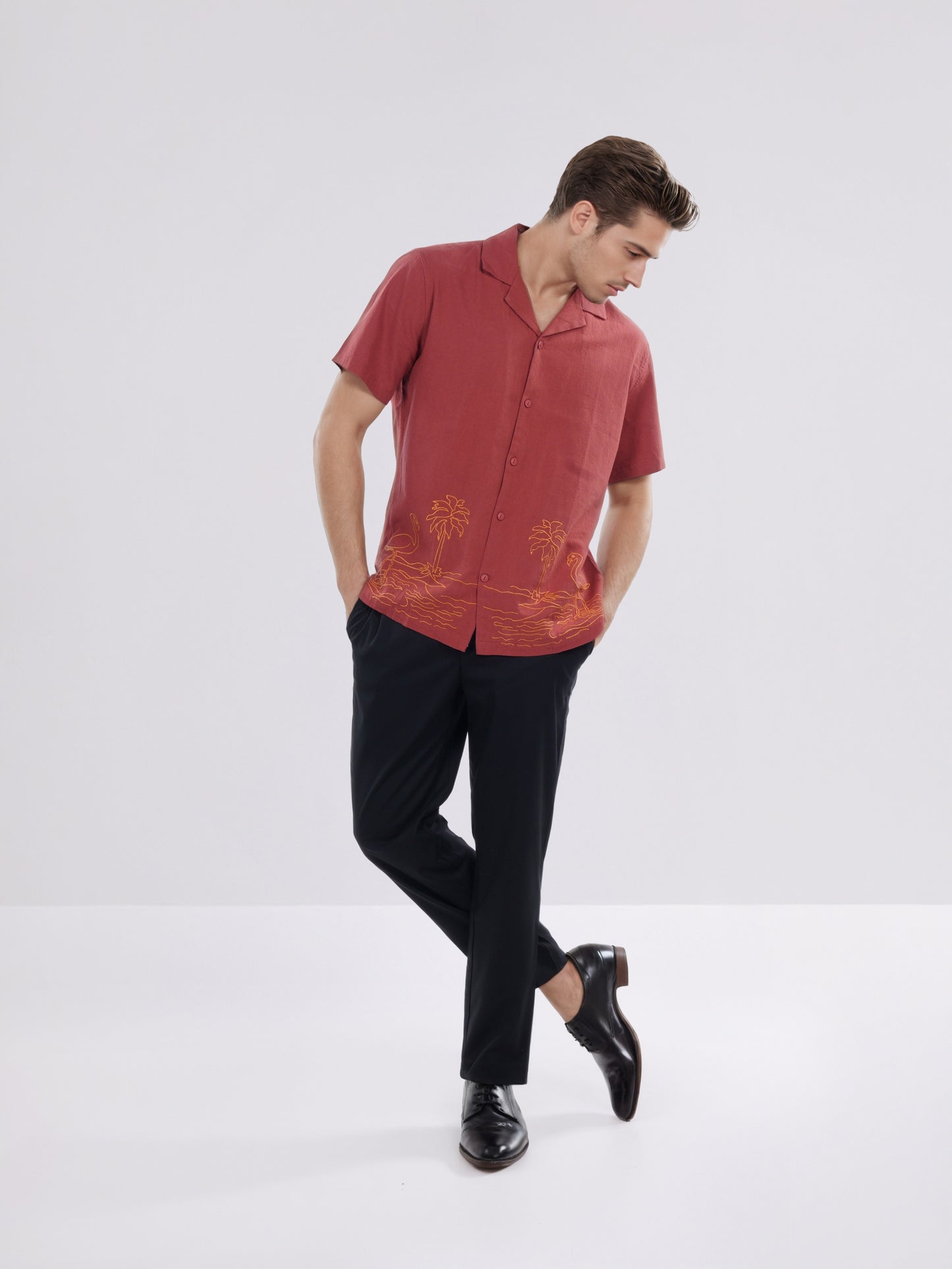 Celio* Men Red Embroidered Boxy Cotton Shirt
