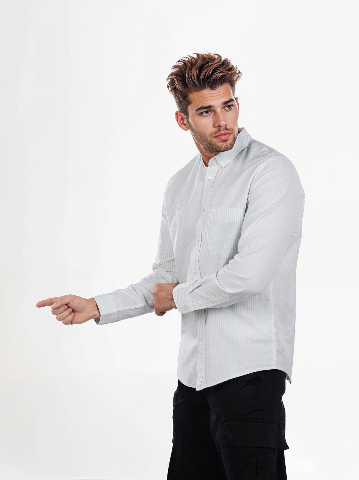 Celio* Striped Regular Fit Cotton Green Shirt