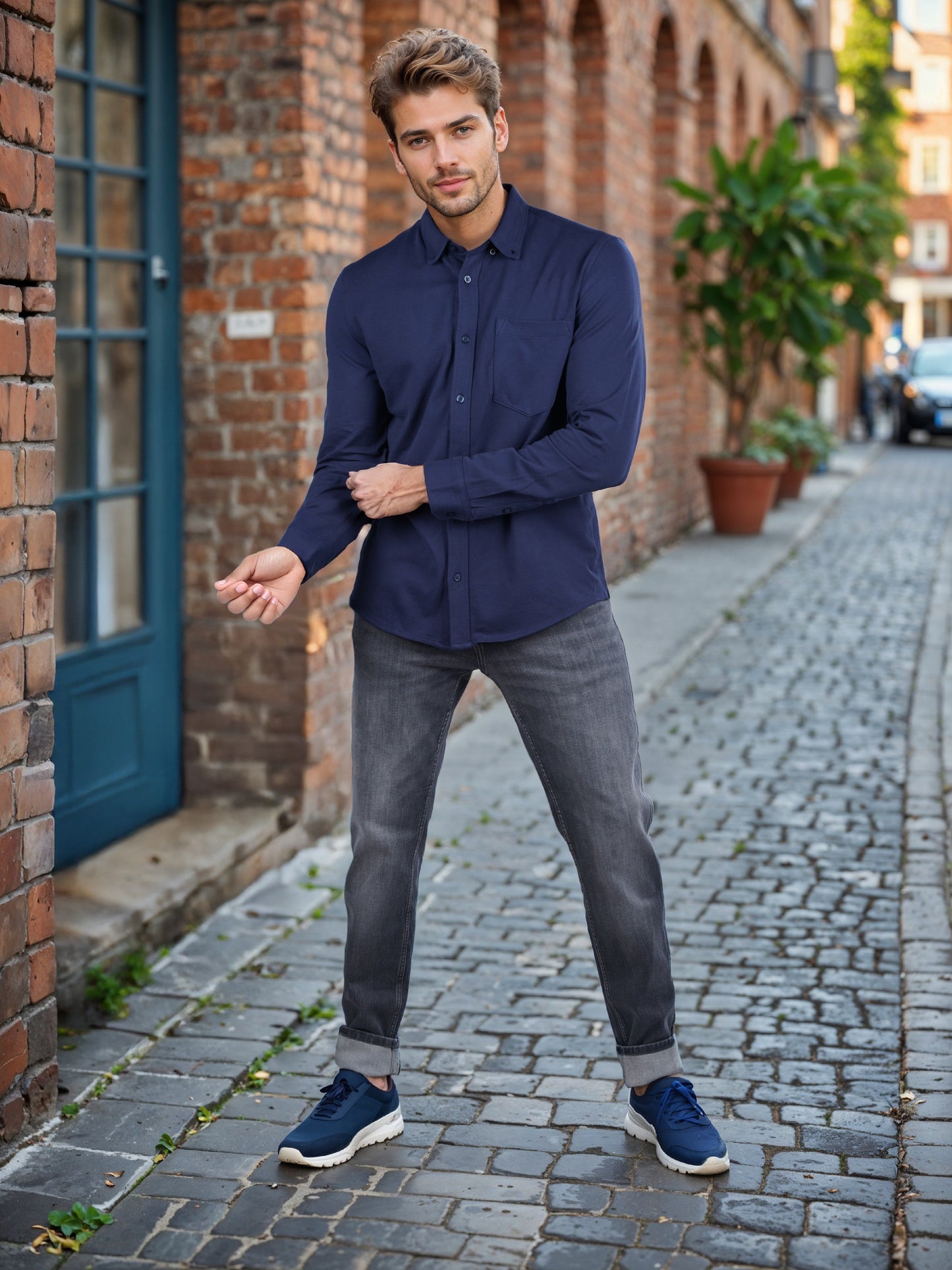 Celio* Solid Regular Fit Cotton-Blend Navy Blue Shirt