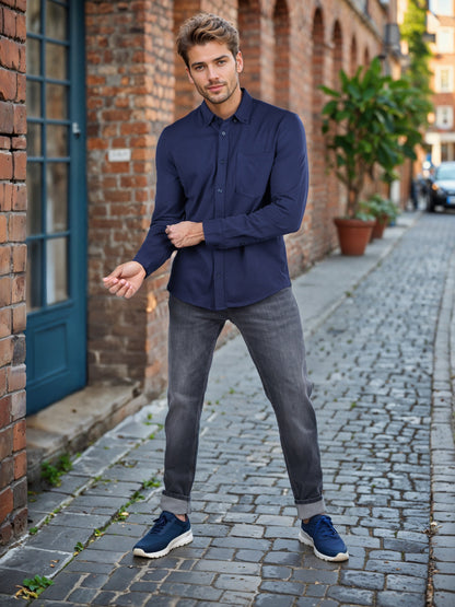 Celio* Solid Regular Fit Cotton-Blend Navy Blue Shirt