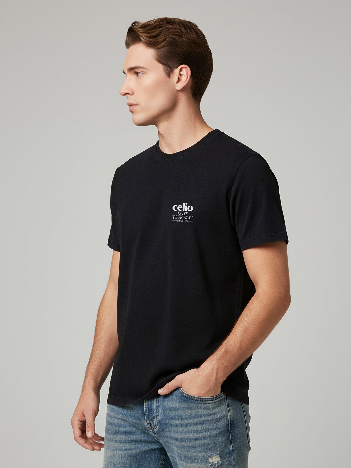 Celio* Men Black Printed Regular Fit Cotton T-Shirts