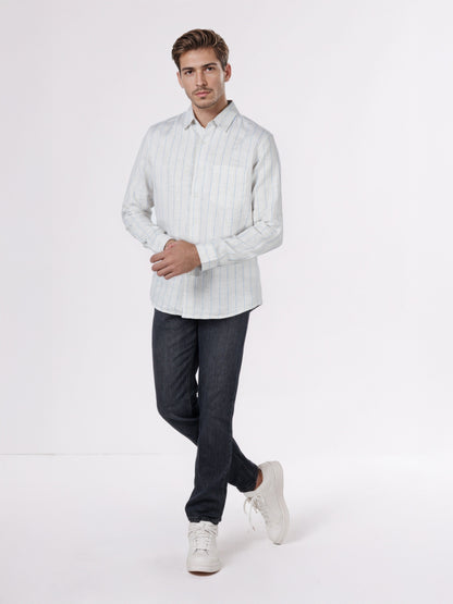 Celio* Men White Striped Regular Fit Linen Shirts