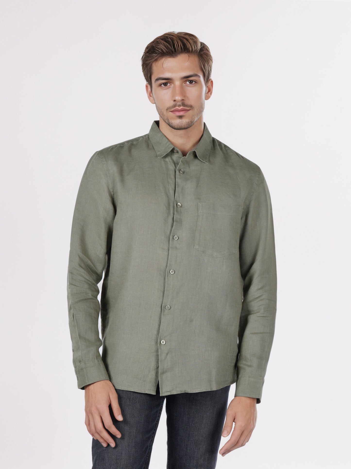 Celio* Men Olive Solid Regular Fit Linen Shirts
