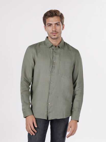 Celio* Men Olive Solid Regular Fit Linen Shirts