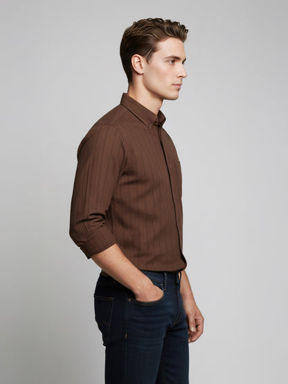 Celio* Men Brown Striped Regular Fit Cotton Shirts