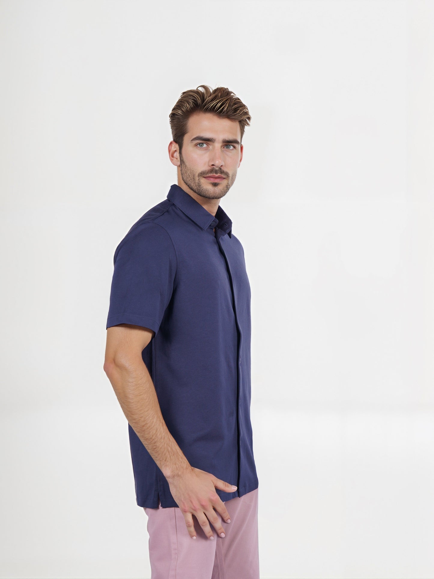Celio* Solid Regular Fit Poly-Cotton Navy Blue Shirt