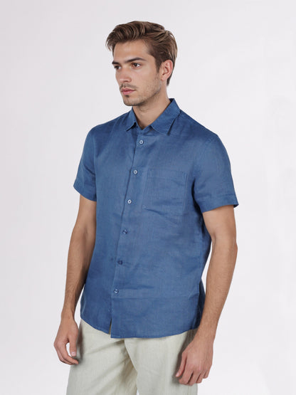 Celio* Regular Fit Solid Men Blue Linen Shirts