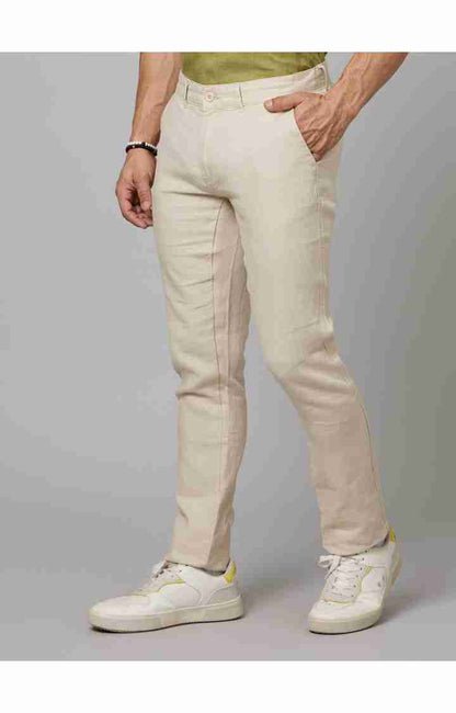 Beige Slim Fit Linen Pants