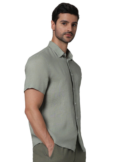 Celio* Linen Regular Fit Green Solid Men Shirt
