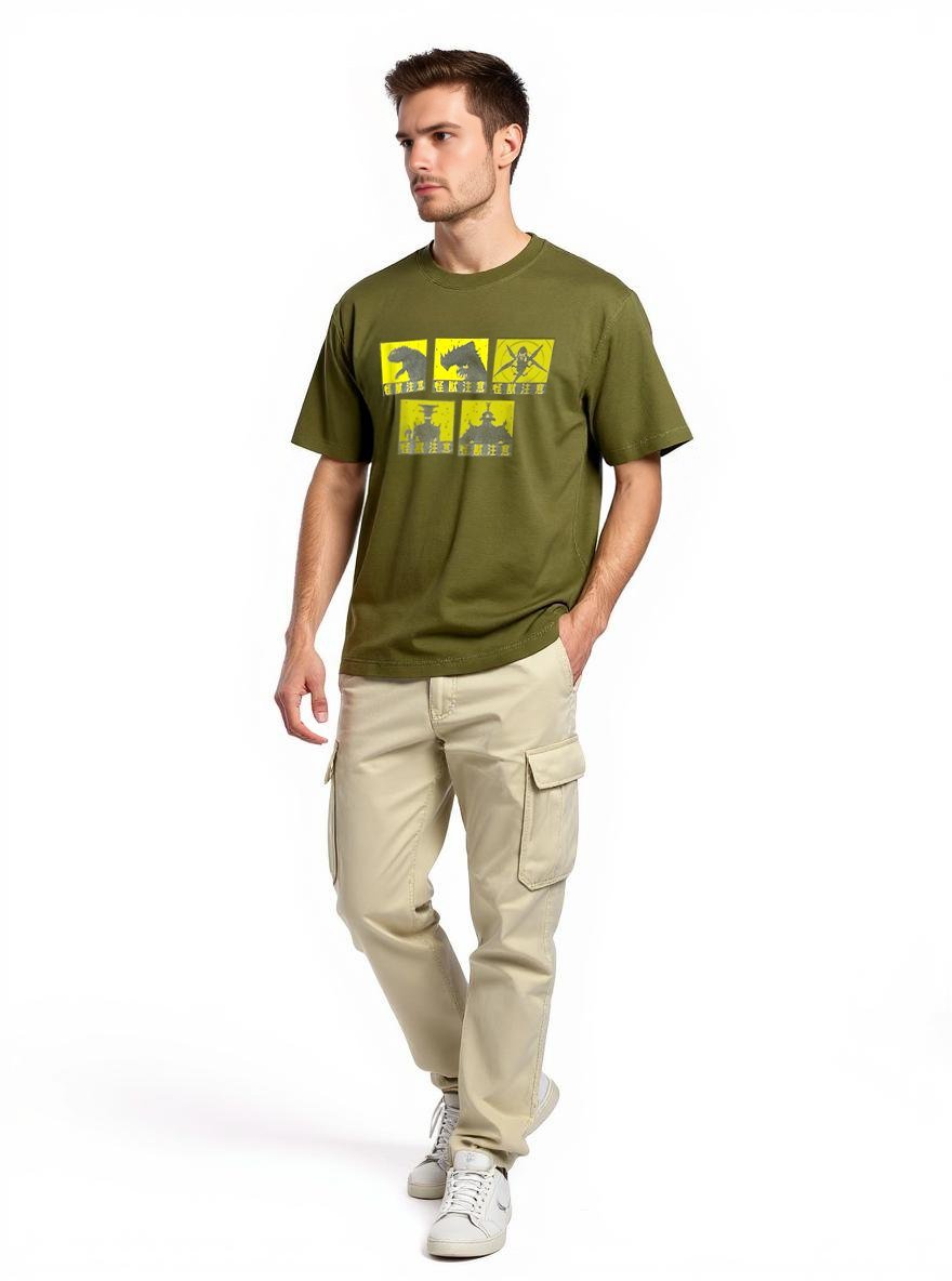 Celio* Men Olive Printed Oversized Cotton Kaiju T-Shirt