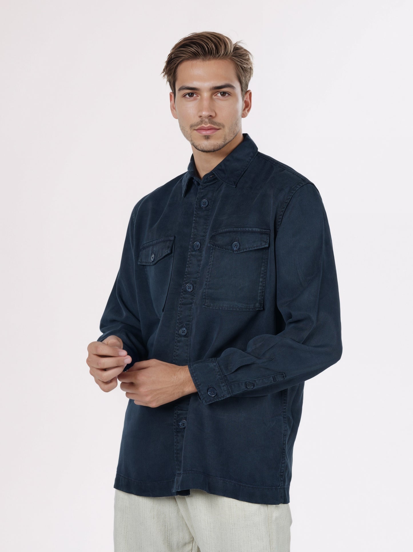 Celio* Men Navy Blue Solid Overshirt Cotton-Tencel-Blend Shirts