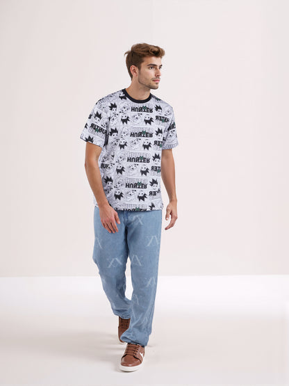 Celio* Hunter Men White Printed Boxy Fit Cotton T-shirt
