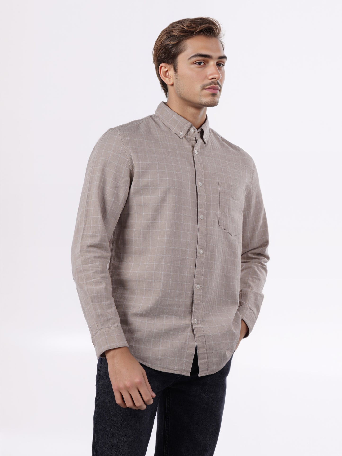 Celio* Men Beige Checked Regular Fit Cotton Shirts