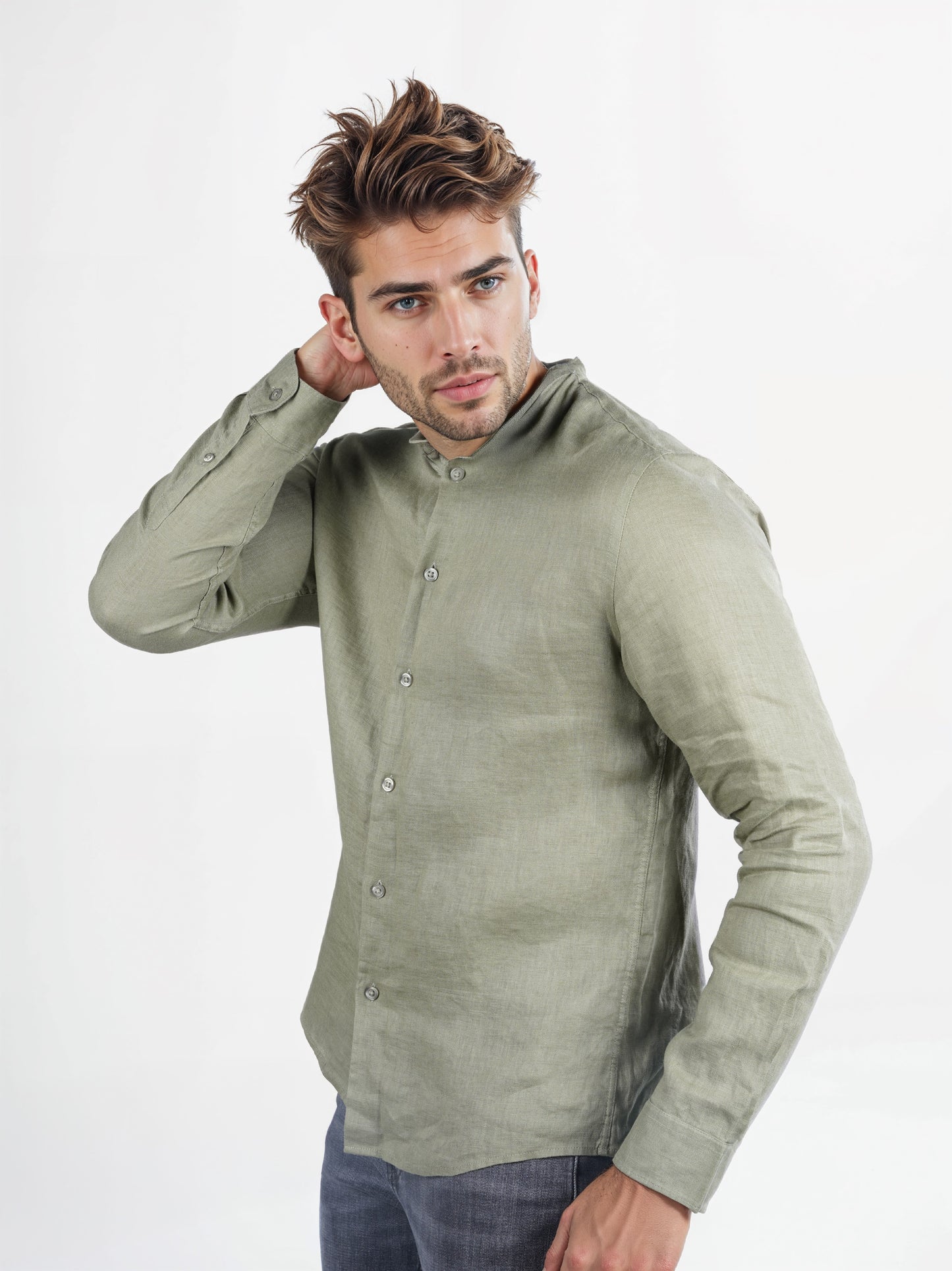 Celio* Solid Regular Fit Linen Olive Shirt