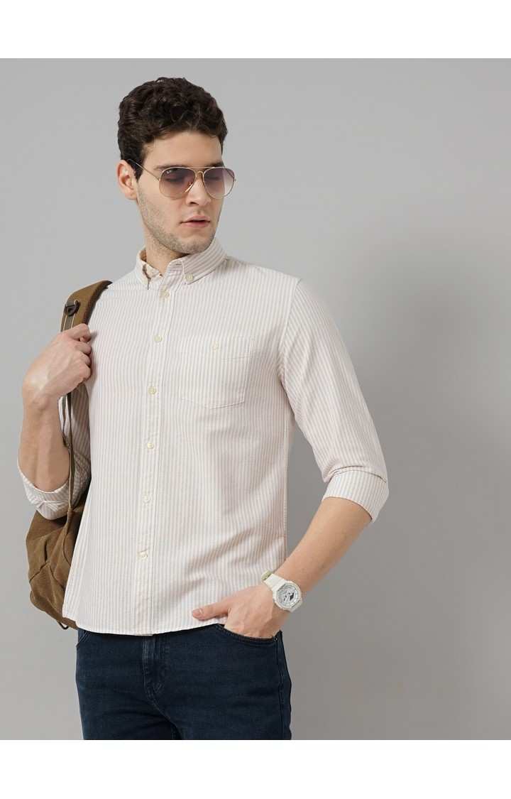 Celio* Striped Regular Fit Cotton Beige Shirt