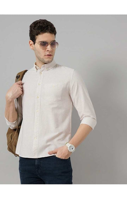 Celio* Striped Regular Fit Cotton Beige Shirt