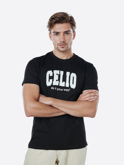 Celio* Men Black Printed Regular Fit Cotton T-Shirts