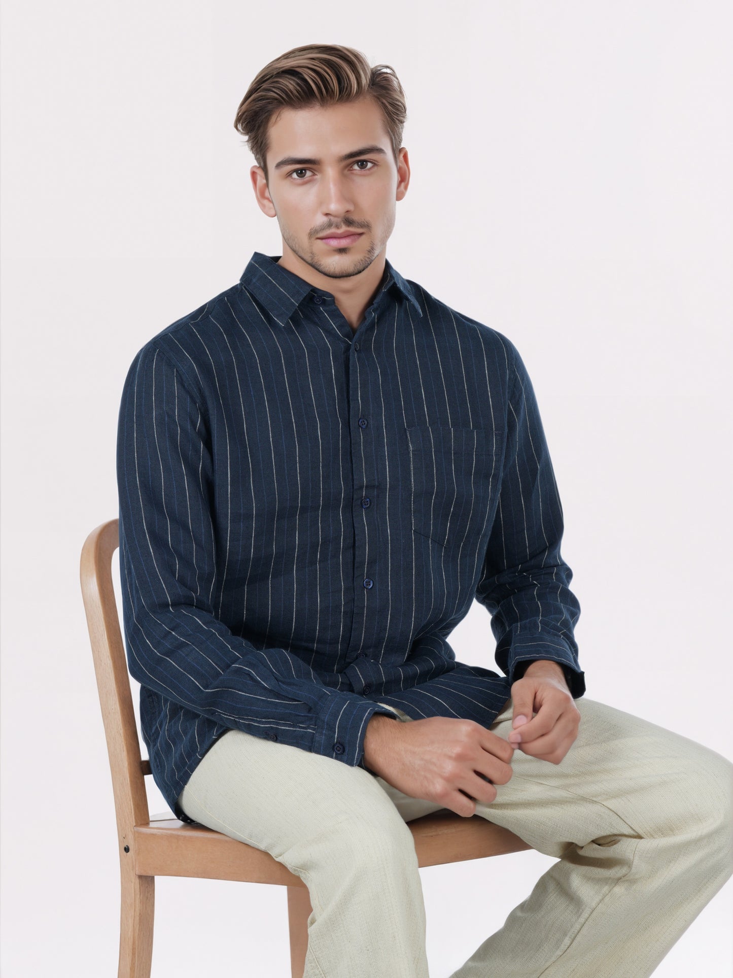 Celio* Men Navy Blue Striped Regular Fit Linen Shirts