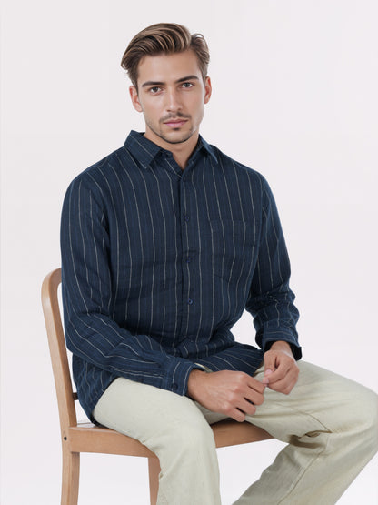Celio* Men Navy Blue Striped Regular Fit Linen Shirts