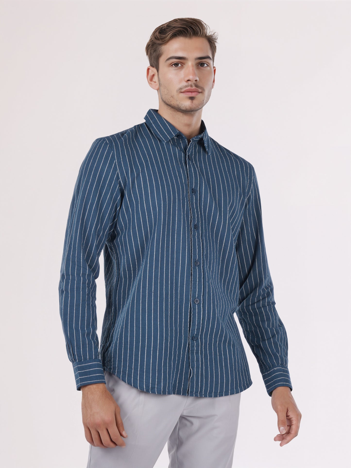Celio* Men Blue Striped Regular Fit Cotton Shirts