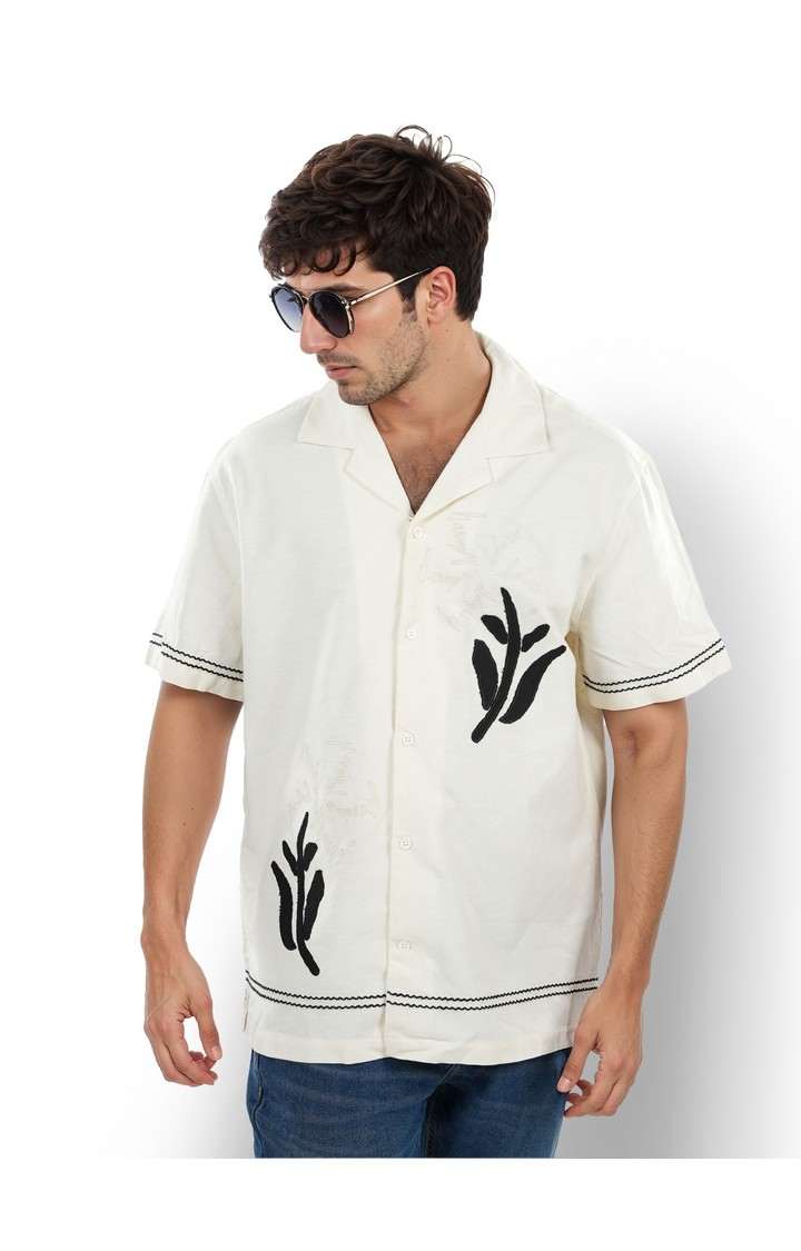 Celio* Embroidered Boxy Fit Cotton Beige Shirt