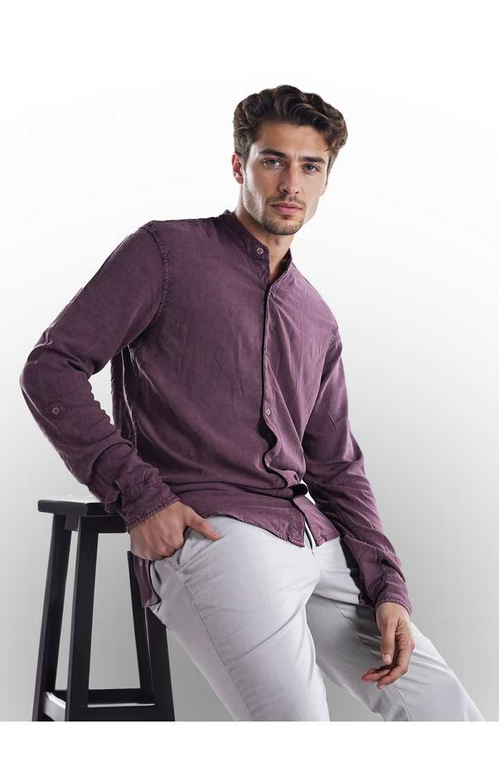 Celio* Solid Regular Fit Cotton Purple Shirt