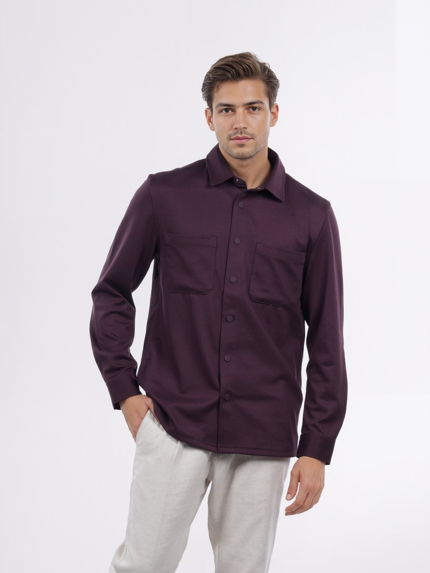 Celio* Men Maroon Solid Overshirt Polyester Shirt