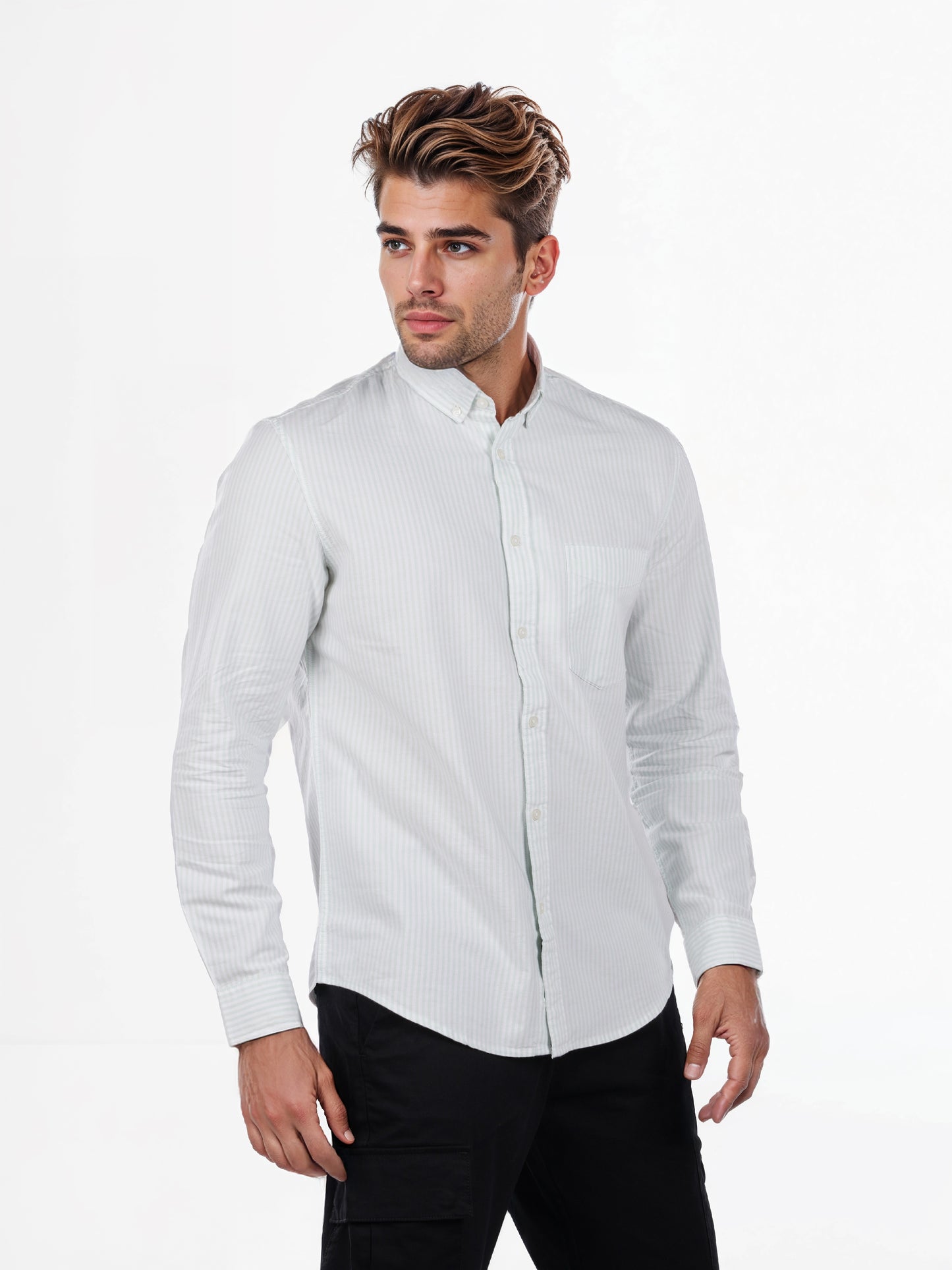 Celio* Striped Regular Fit Cotton Green Shirt