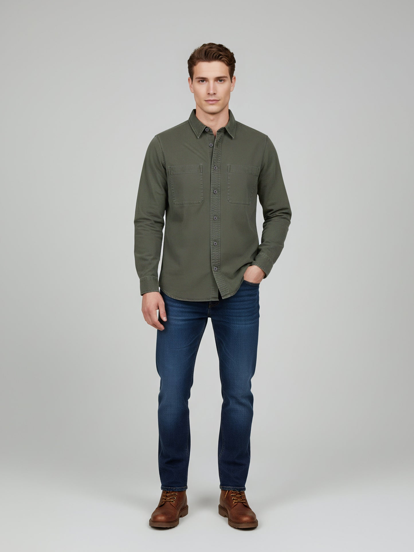 Celio* Men Olive Solid Overshirt Cotton Shirts