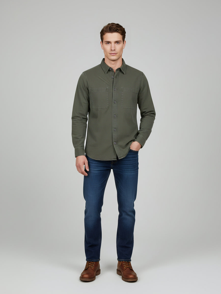 Celio* Men Olive Overshirt Solid Cotton Shirts