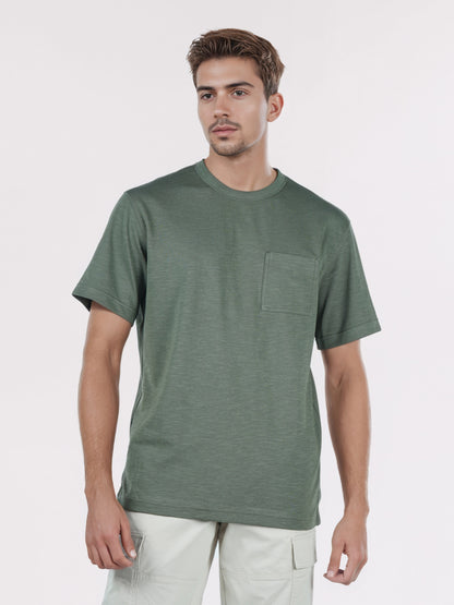 Celio* Men Olive Solid Boxy Fit Cotton-Blend T-Shirts