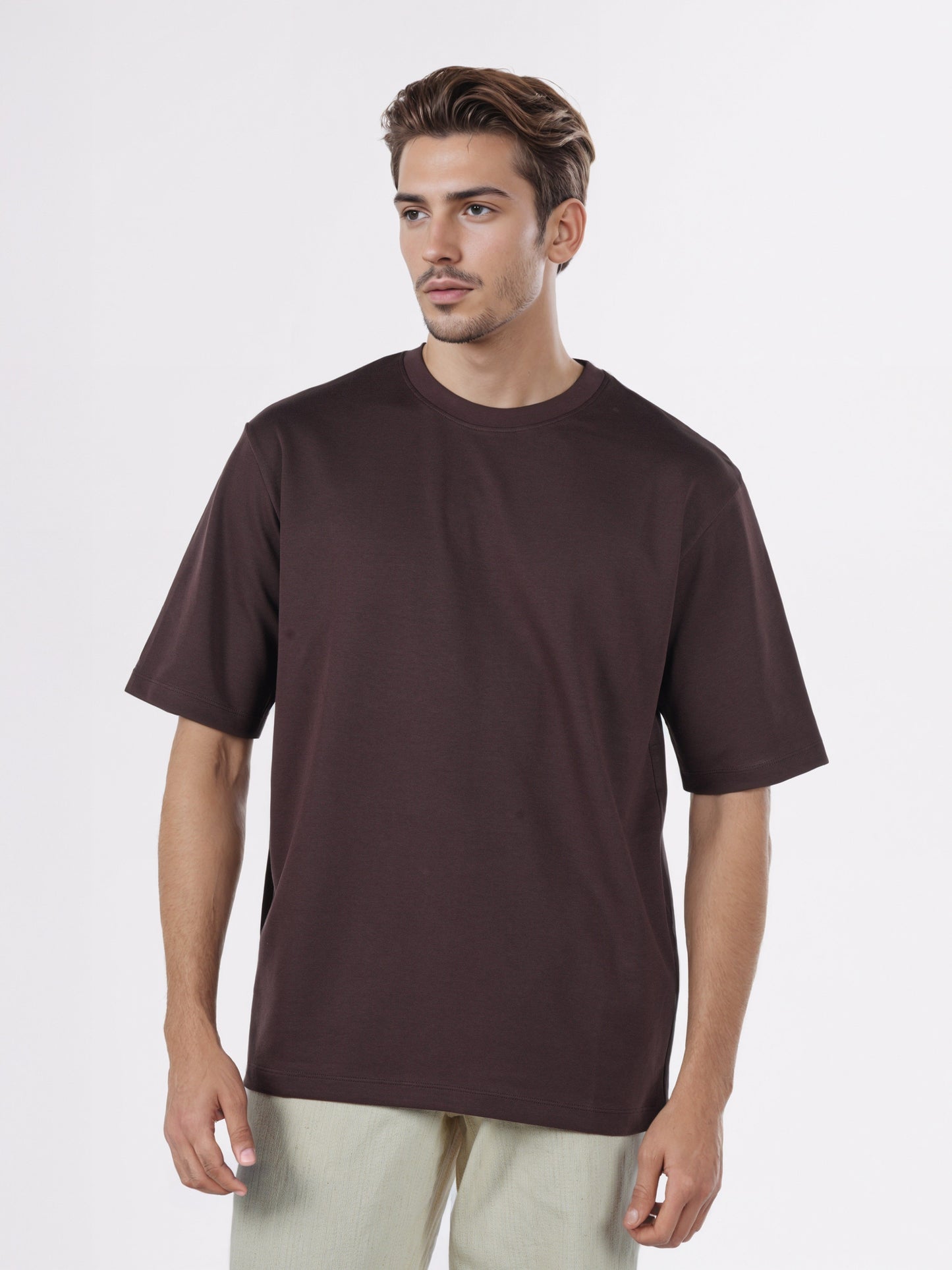 Celio* Men Brown Solid Oversized Cotton-Blend T-Shirts