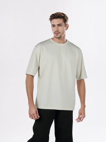 Celio* Men Cream Solid Oversized Cotton-Blend T-Shirts
