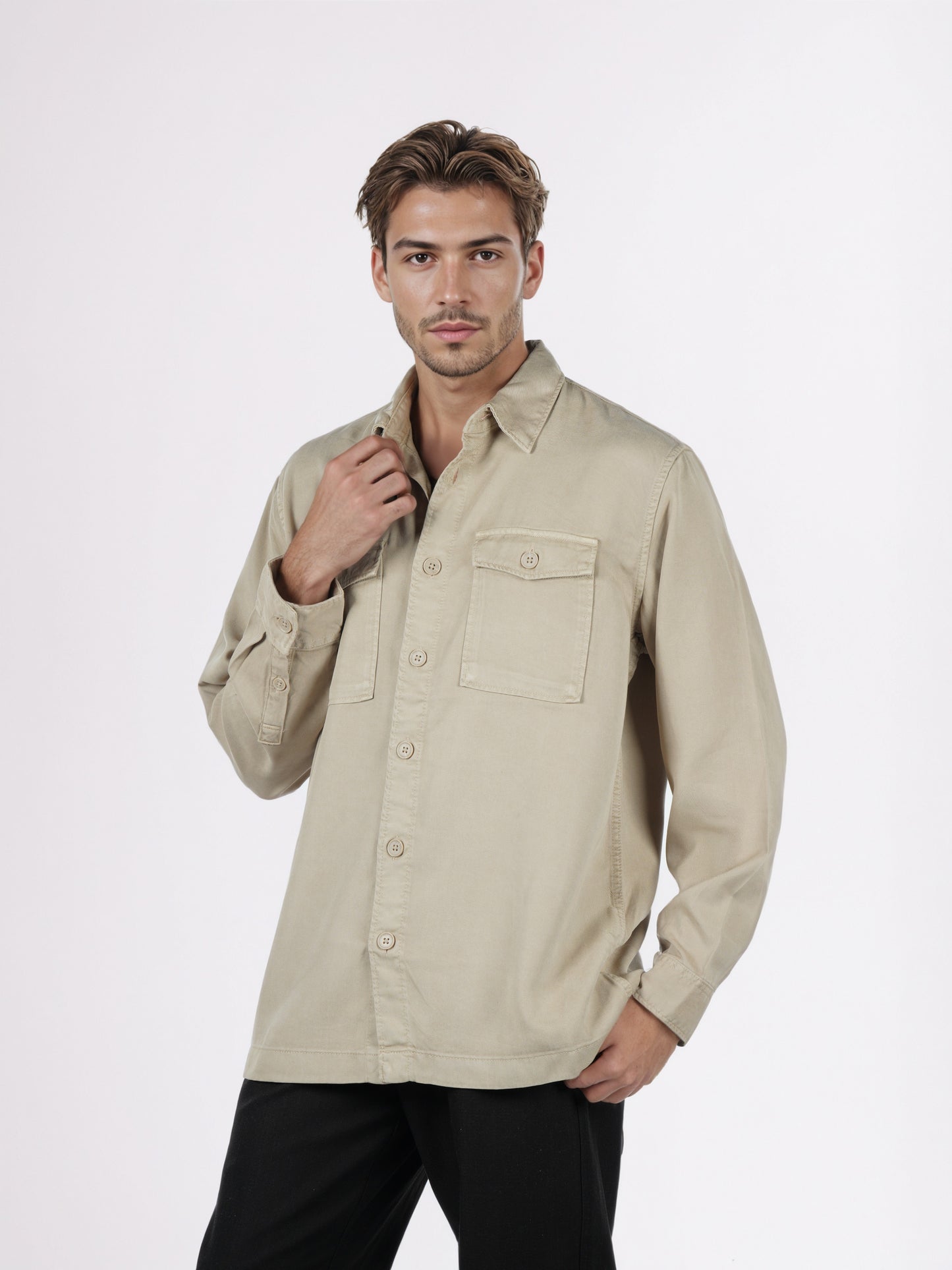 Celio* Men Beige Solid Overshirt Cotton-Tencel-Blend Shirts