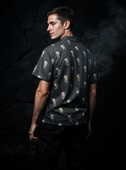 Celio* Men Black Printed Regular Fit Cotton Kaiju Shirt