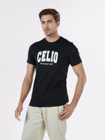 Celio* Men Black Printed Regular Fit Cotton T-Shirts