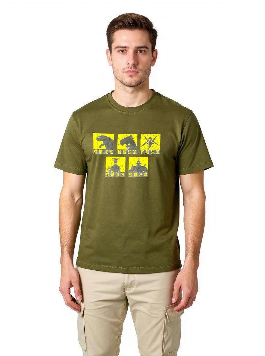 Celio* Men Olive Printed Oversized Cotton Kaiju T-Shirt