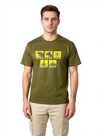 Celio* Men Olive Printed Oversized Cotton Kaiju T-Shirt