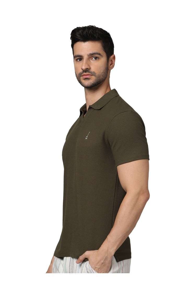 Celio* Solid Regular Fit Cotton Olive T-Shirt