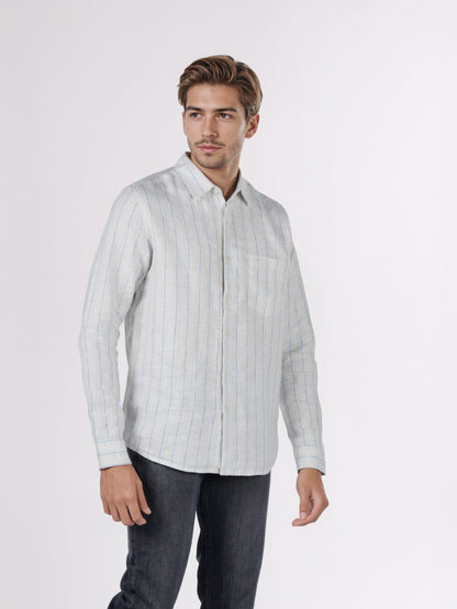 Celio* Men White Striped Regular Fit Linen Shirts