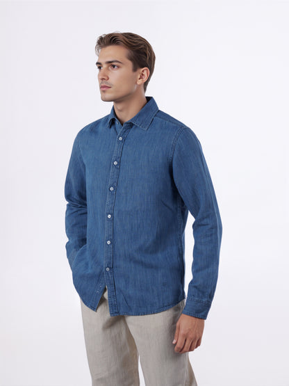 Celio* Men Blue Solid Regular Fit Cotton-Linen-Blend Shirts